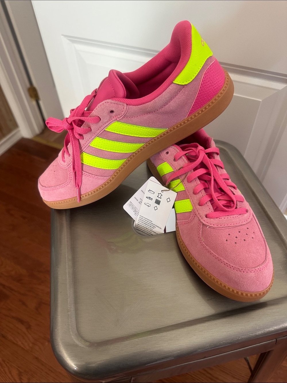 adidas Hot Pink Suede Sneakers with Neon Yellow Accents